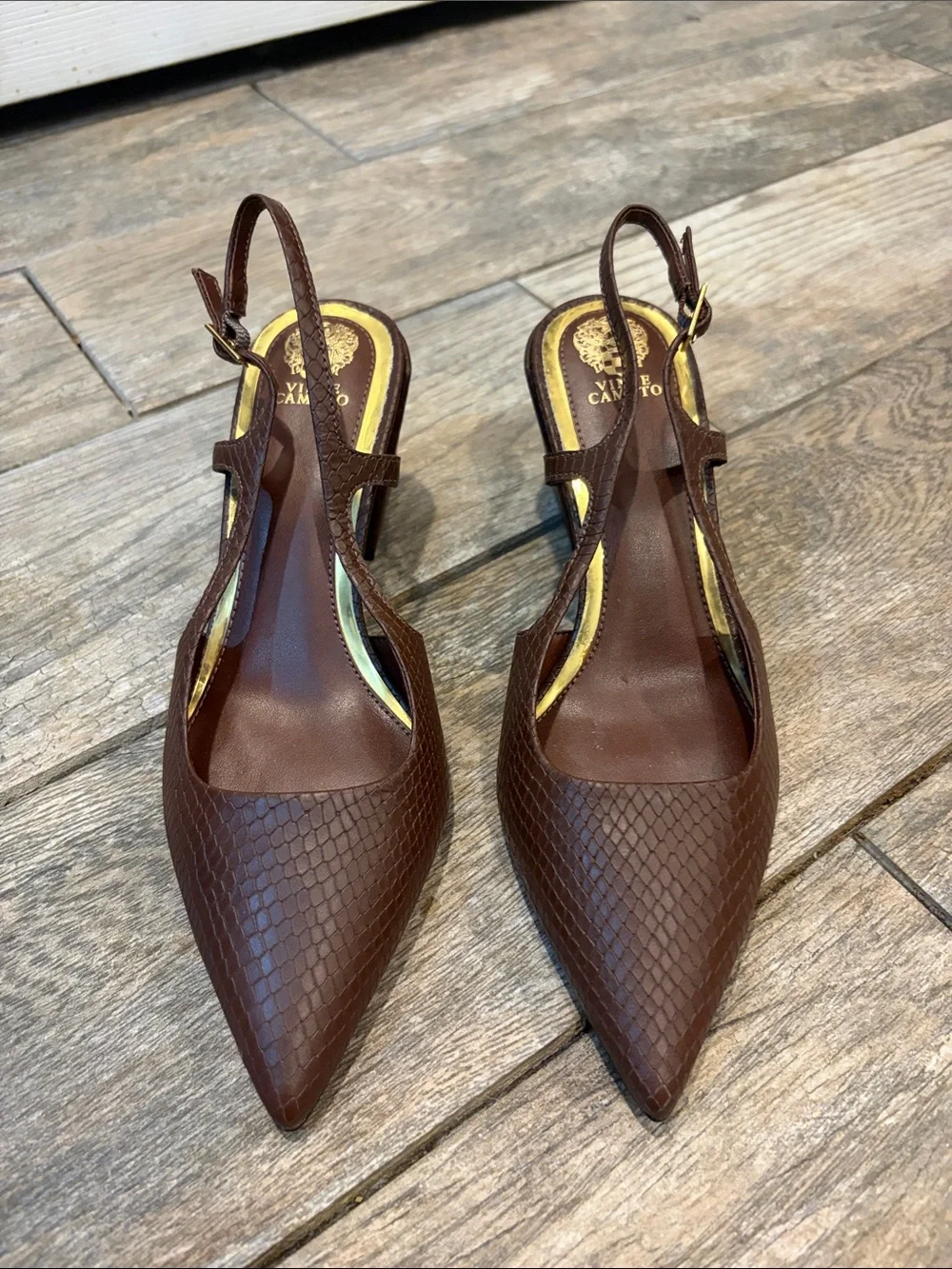 Vince Camuto sindree Chocolate Brown Textured Slingback Block Heels size 7